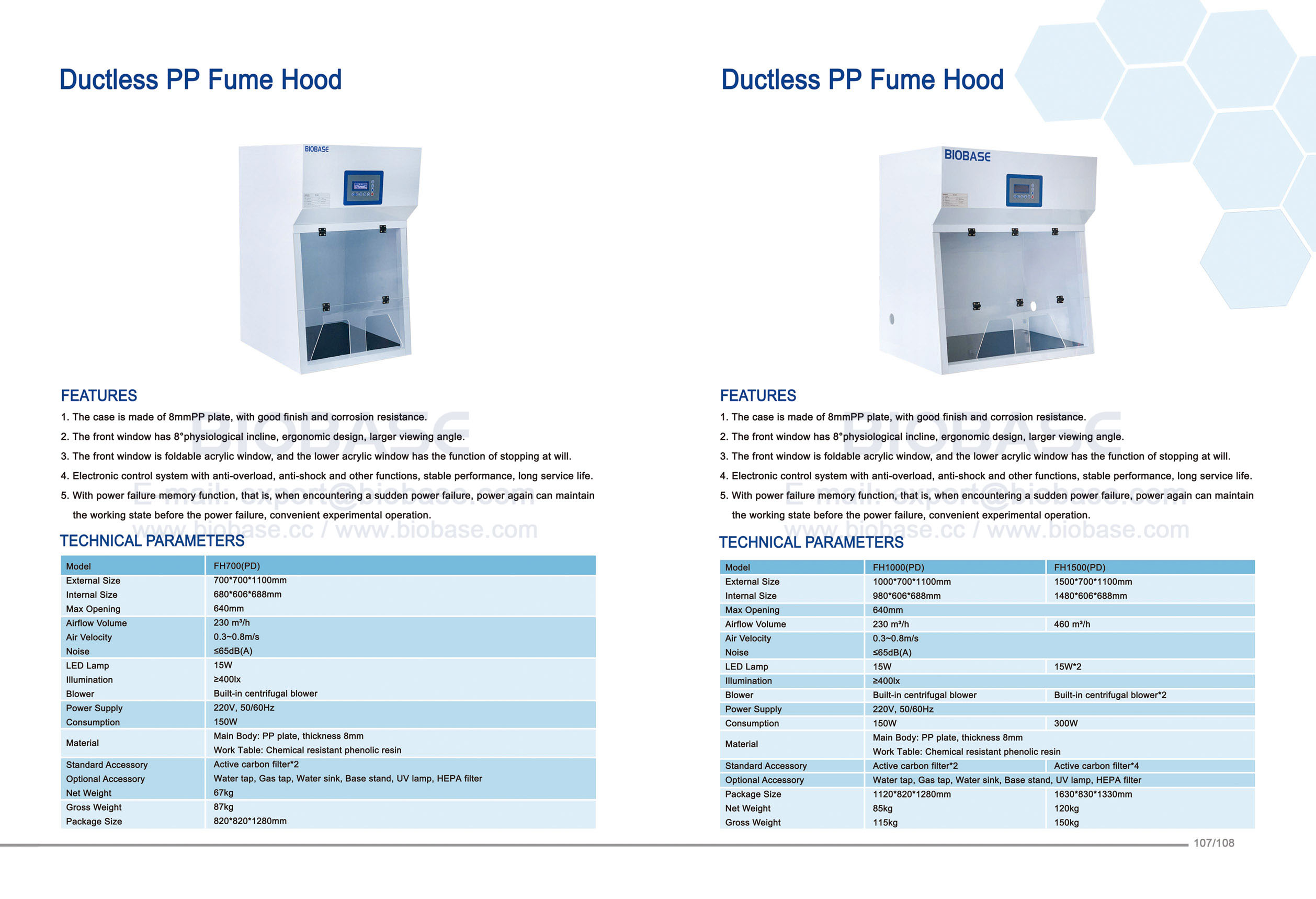 107-108 Ductless PP Fume Hood 107-108 Hood PP sans conduit
