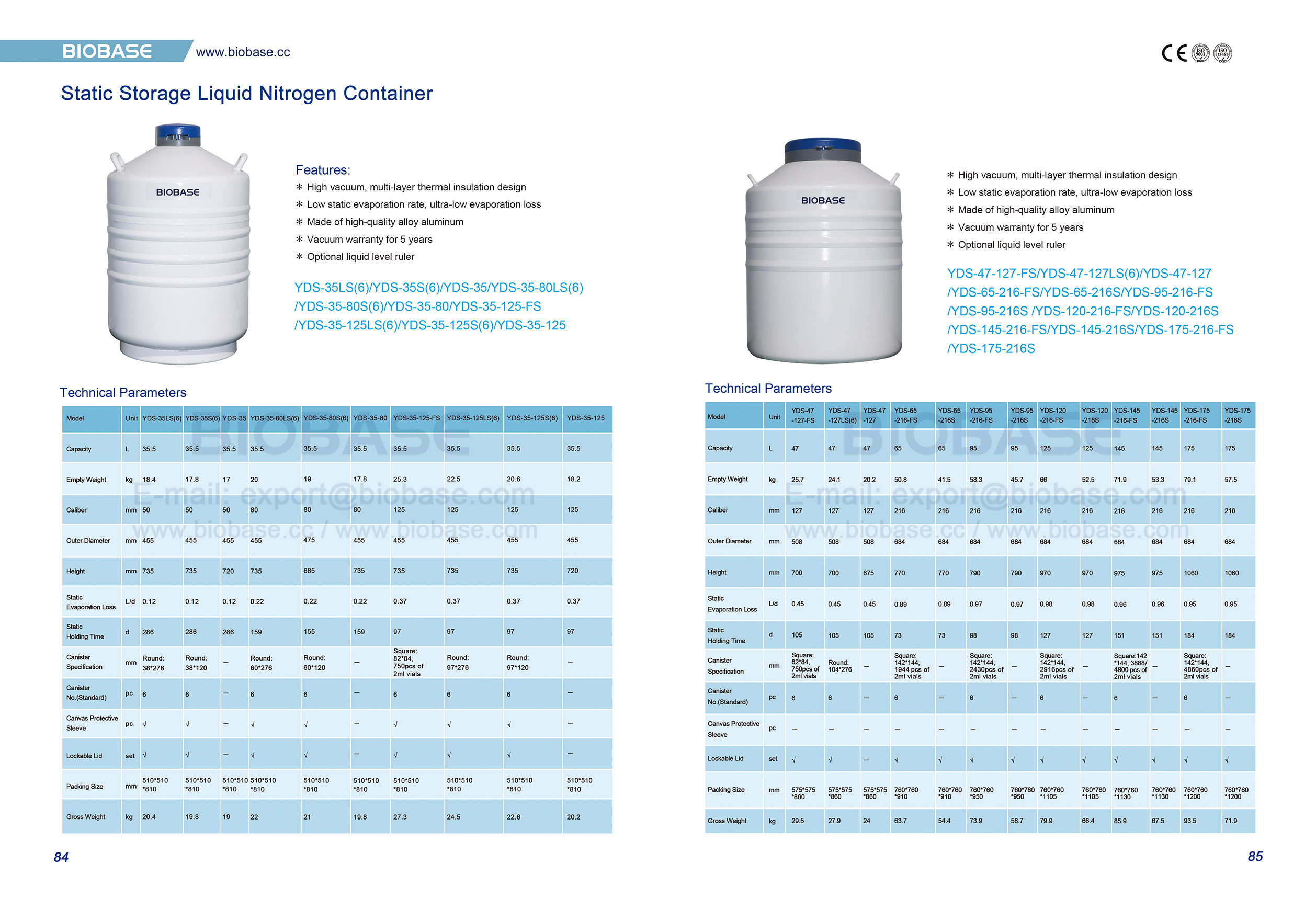 84-85 Static Storage Liquid Nitrogen Container 84-85 Conteneur d'azote liquide de stockage statique