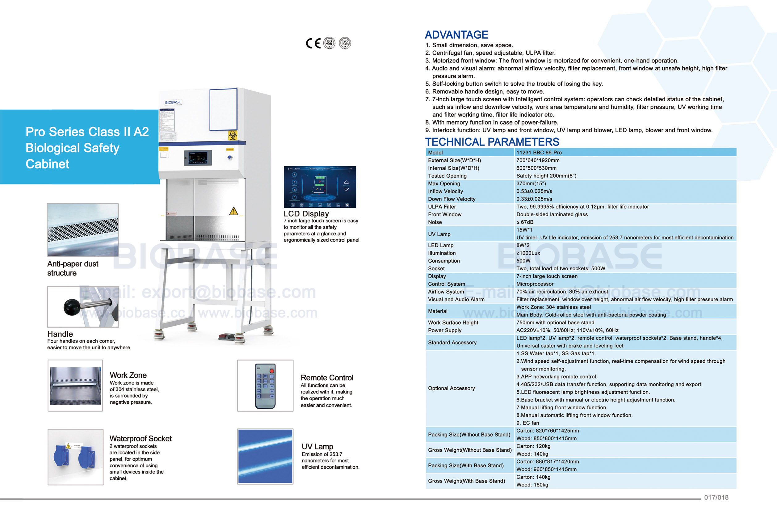 17-18 Pro Series Classe II A2 Cabinet de sécurité biologique 11231 BBC 86-Pro