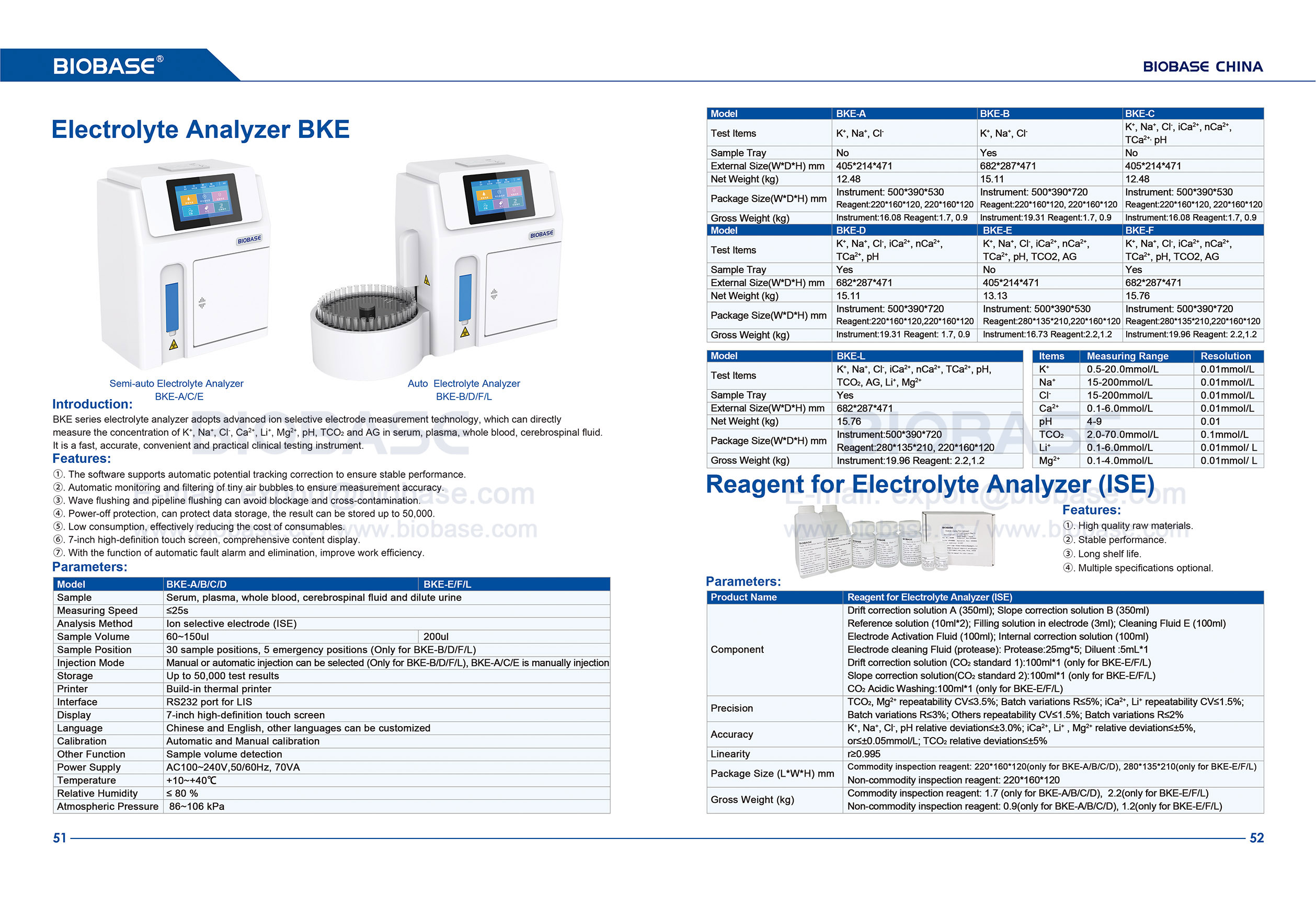 51-52 Analyseur d'électrolytes BKE et réactif pour analyseur d'électrolytes (ISE)