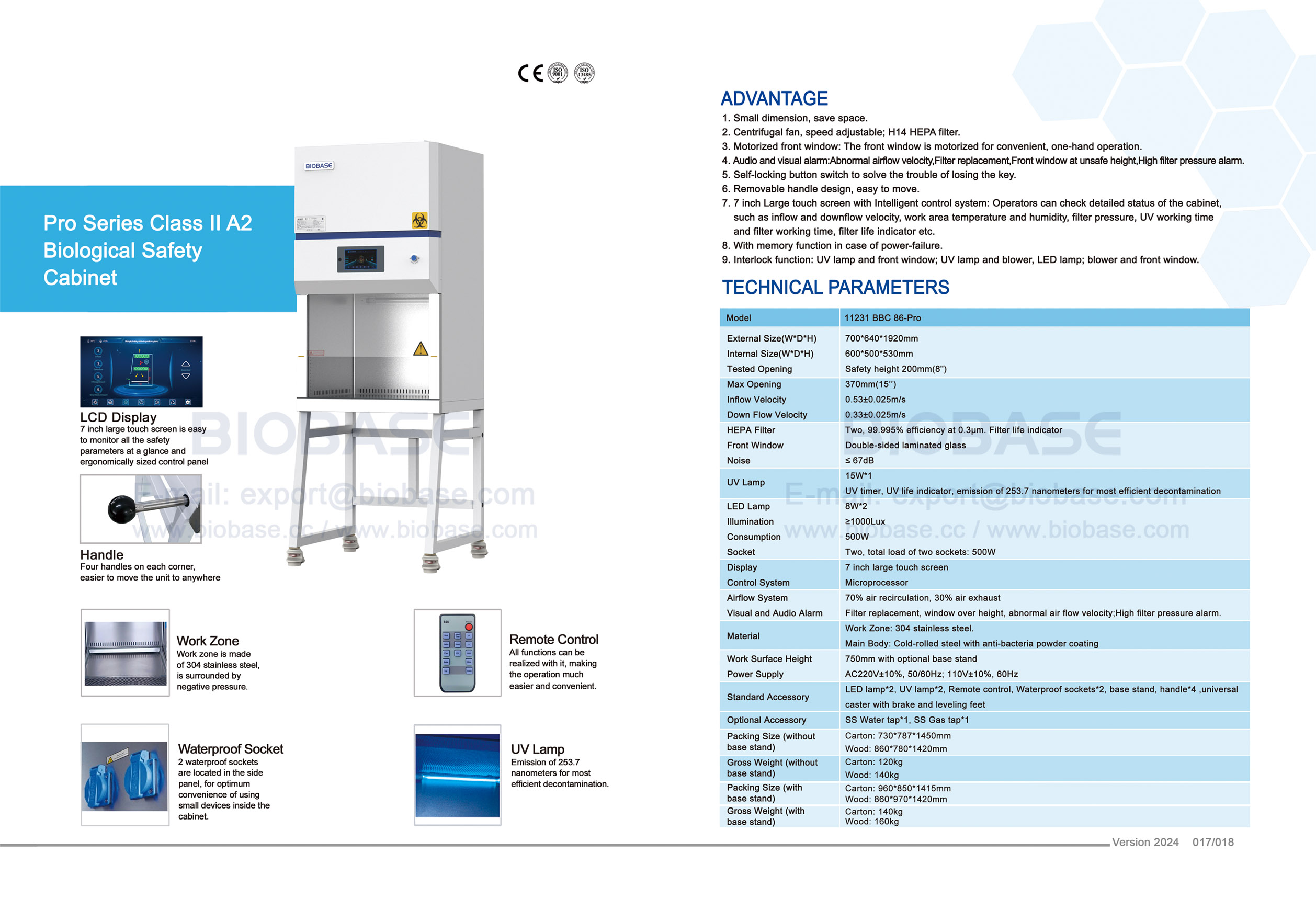 Poste de sécurité biologique 17-18 Pro Series Classe II A2 11231 BBC 86-Pro