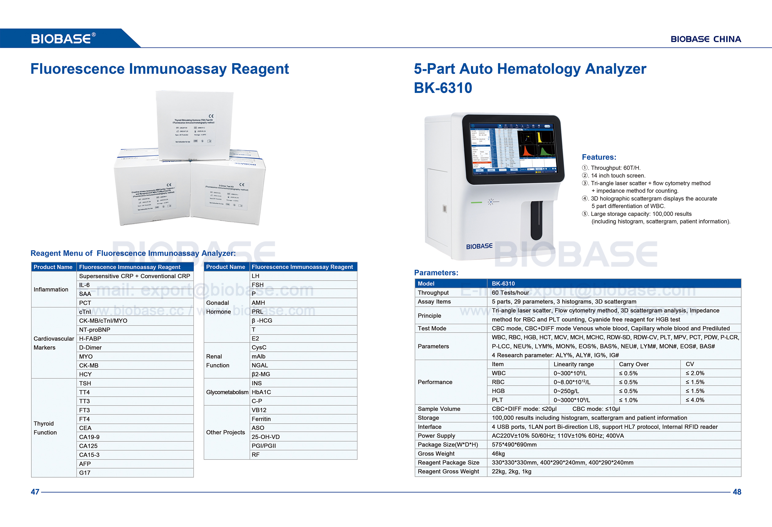 47-48 Réactif d'immunoessai de fluorescence et analyseur d'hématologie automobile en 5 parties BK-6310