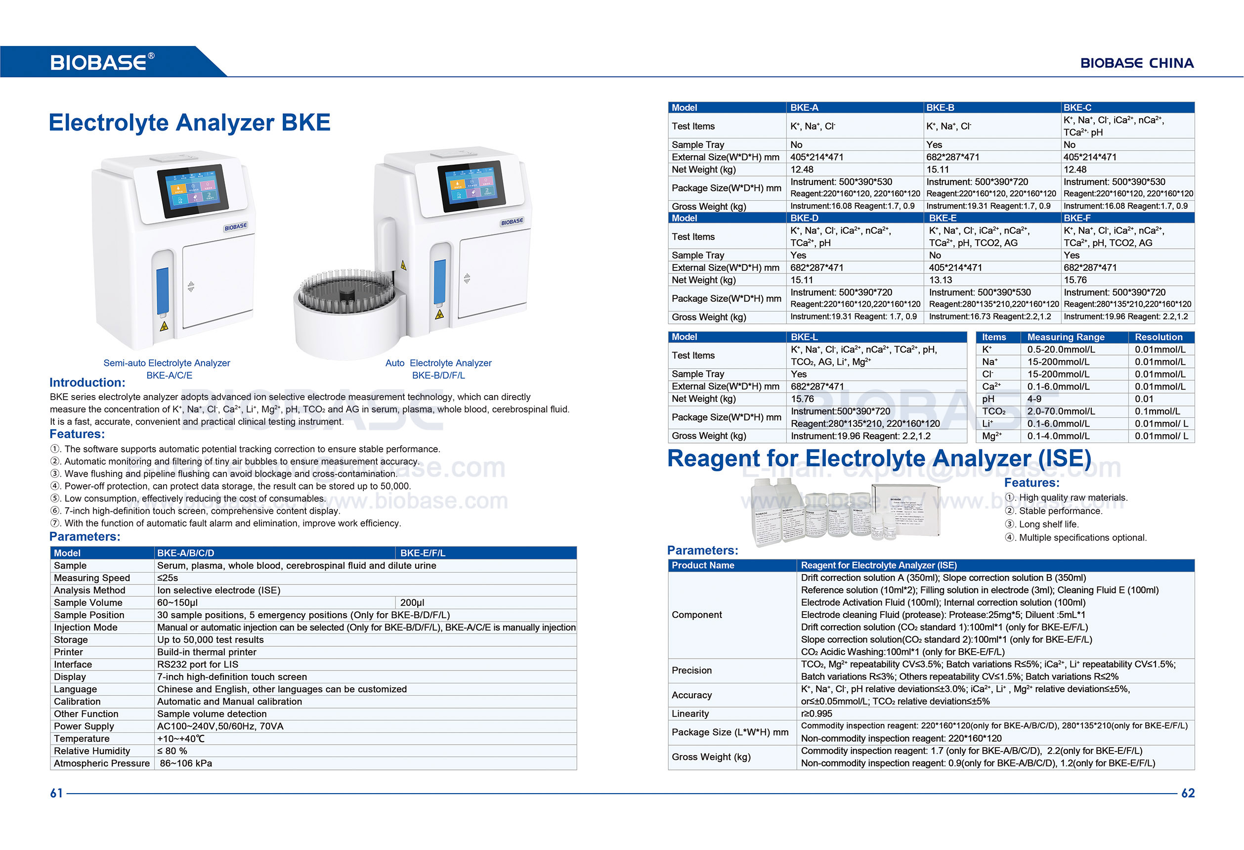 61-62 Electrolyte Analyzer BKE & réacent pour Electrolyte Analyzer (ISE)