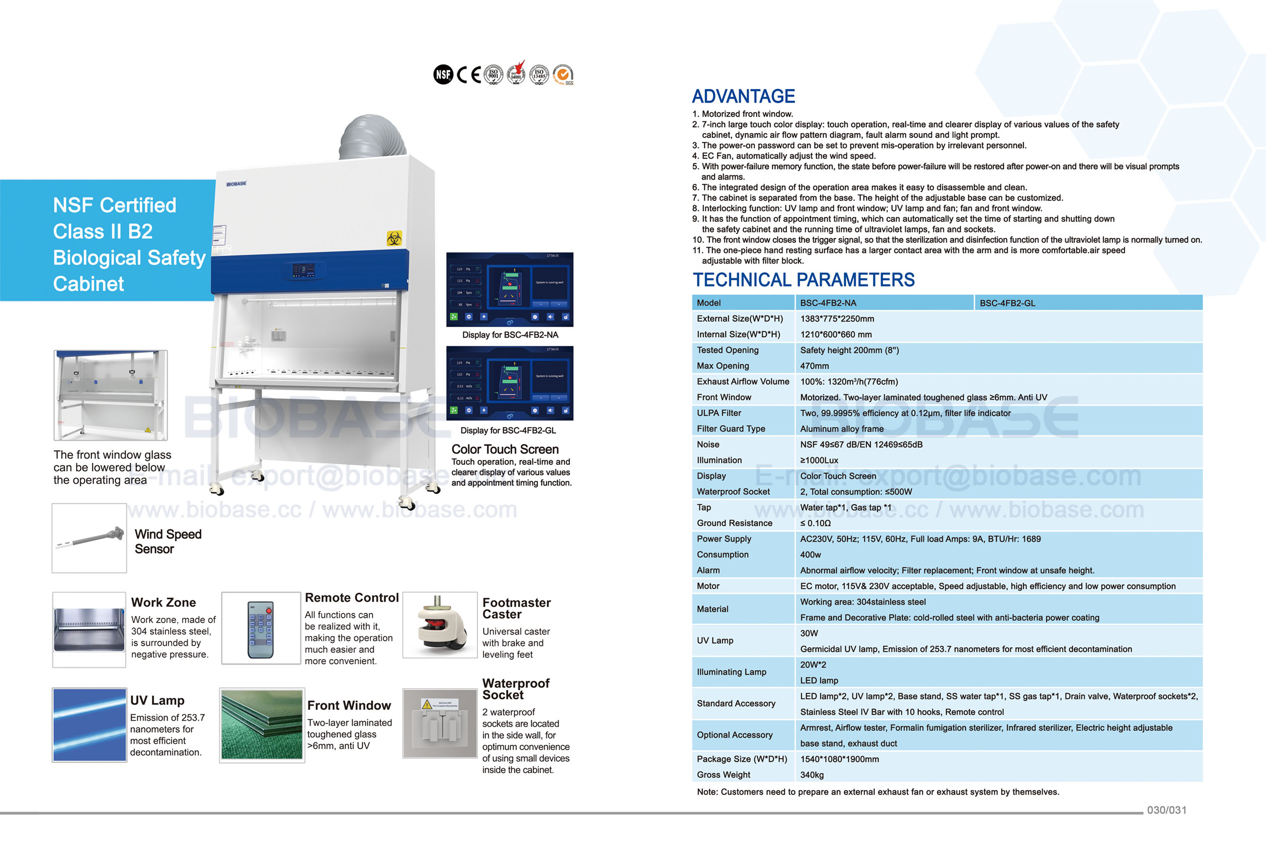 30-31 NSF Certifié Classe II B2 Cabinet de sécurité biologique 
