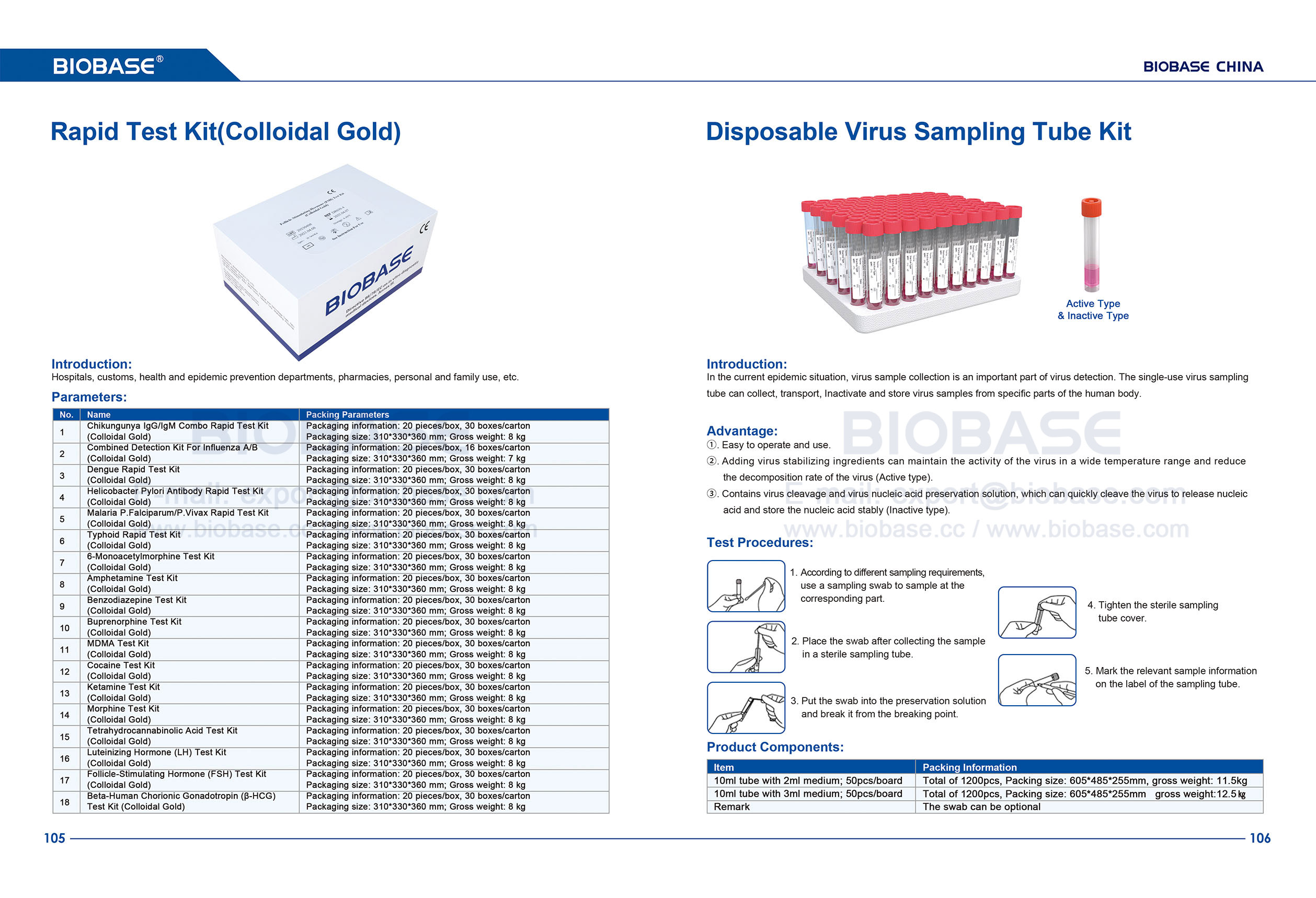 105-106 Kit d'essai rapide (or colloïdal) et kit de tube d'échantillonnage à virus jetable