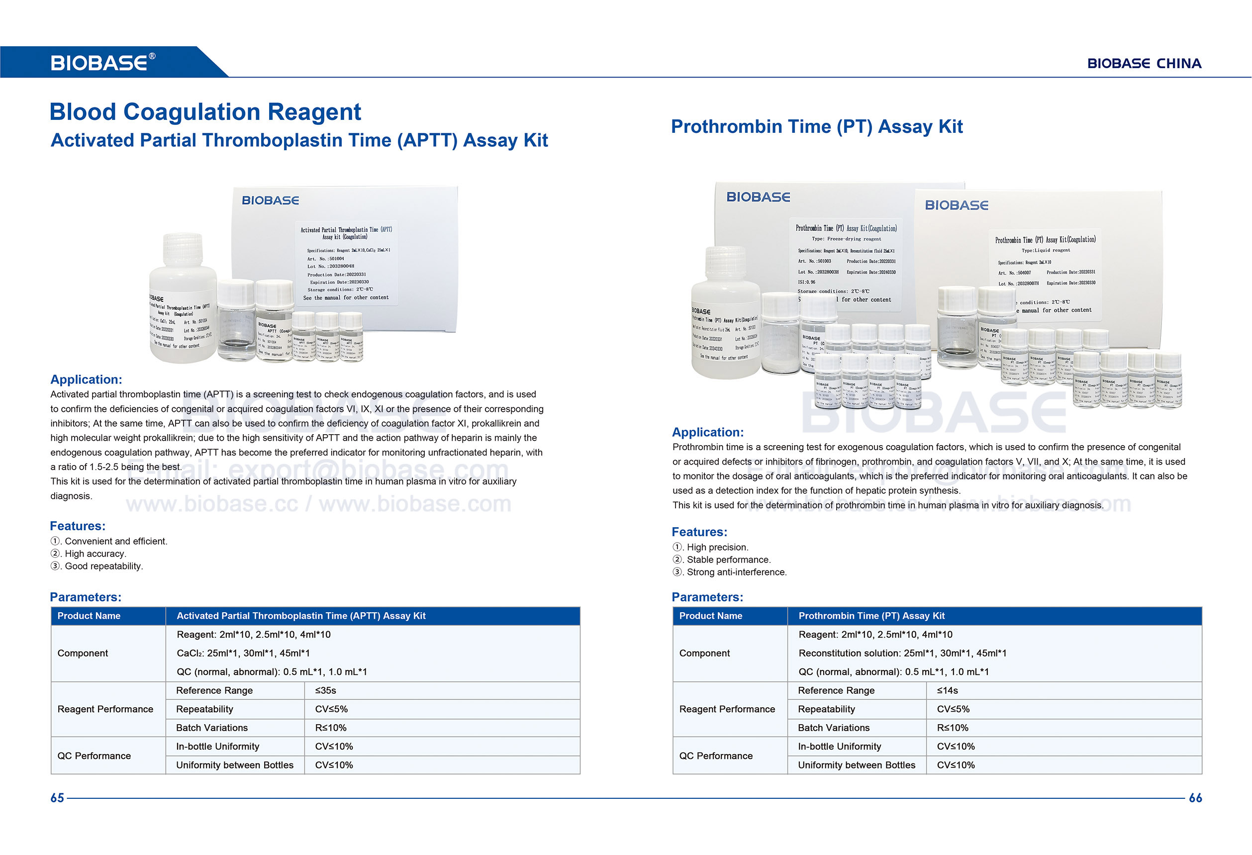 Kit de test du temps de thromboplastine partielle activée (APTT) 65-66 et kit de test du temps de prothrombine (PT)