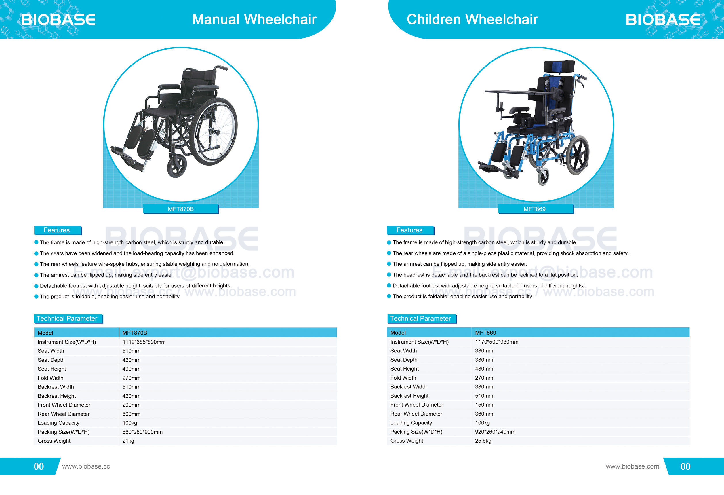 36 Fauteuil roulant manuel MFT870B et fauteuil roulant pour enfants MFT869
