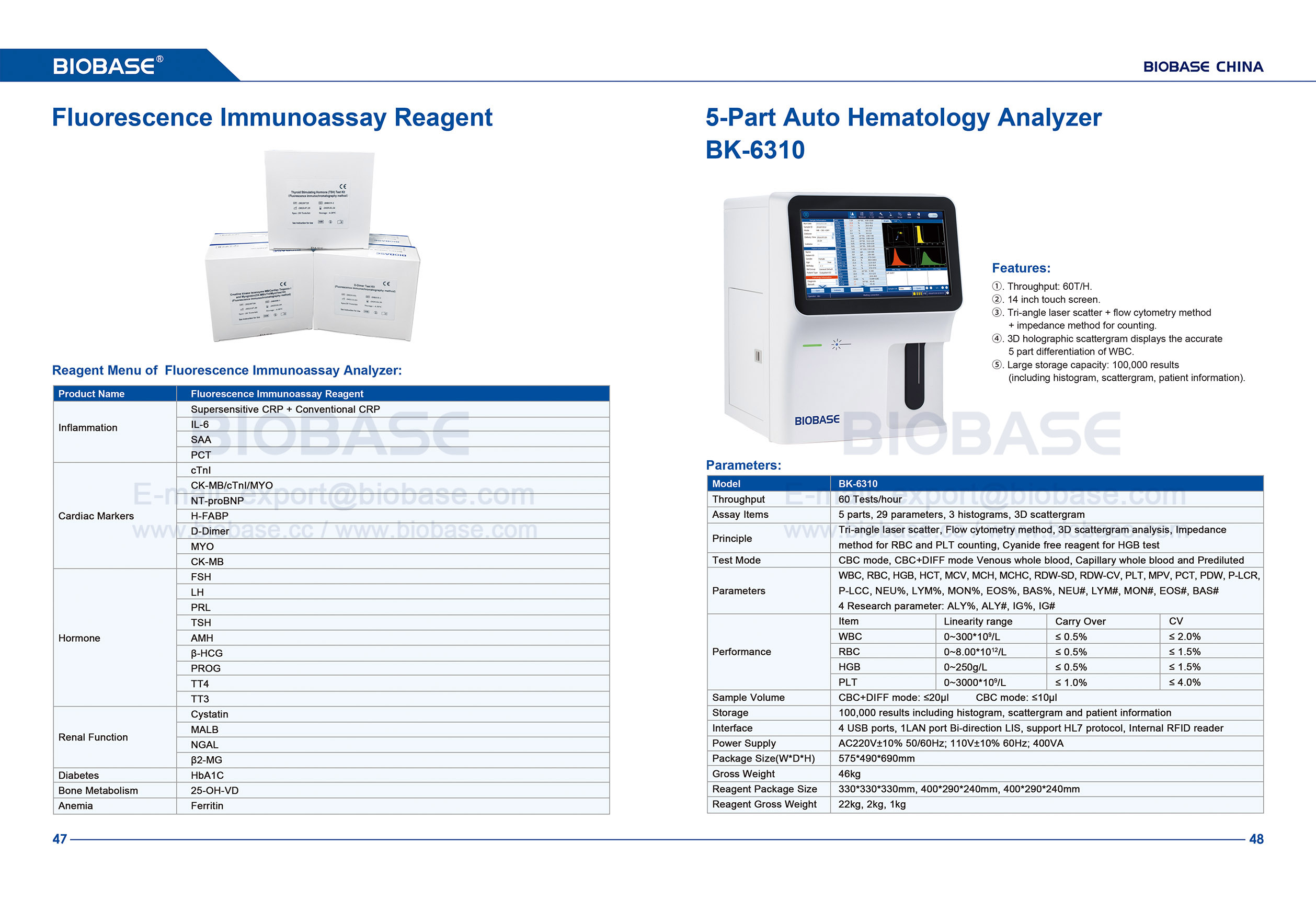 Réactif pour dosage immunologique par fluorescence 47-48 et analyseur d'hématologie automatique en 5 parties BK-6310