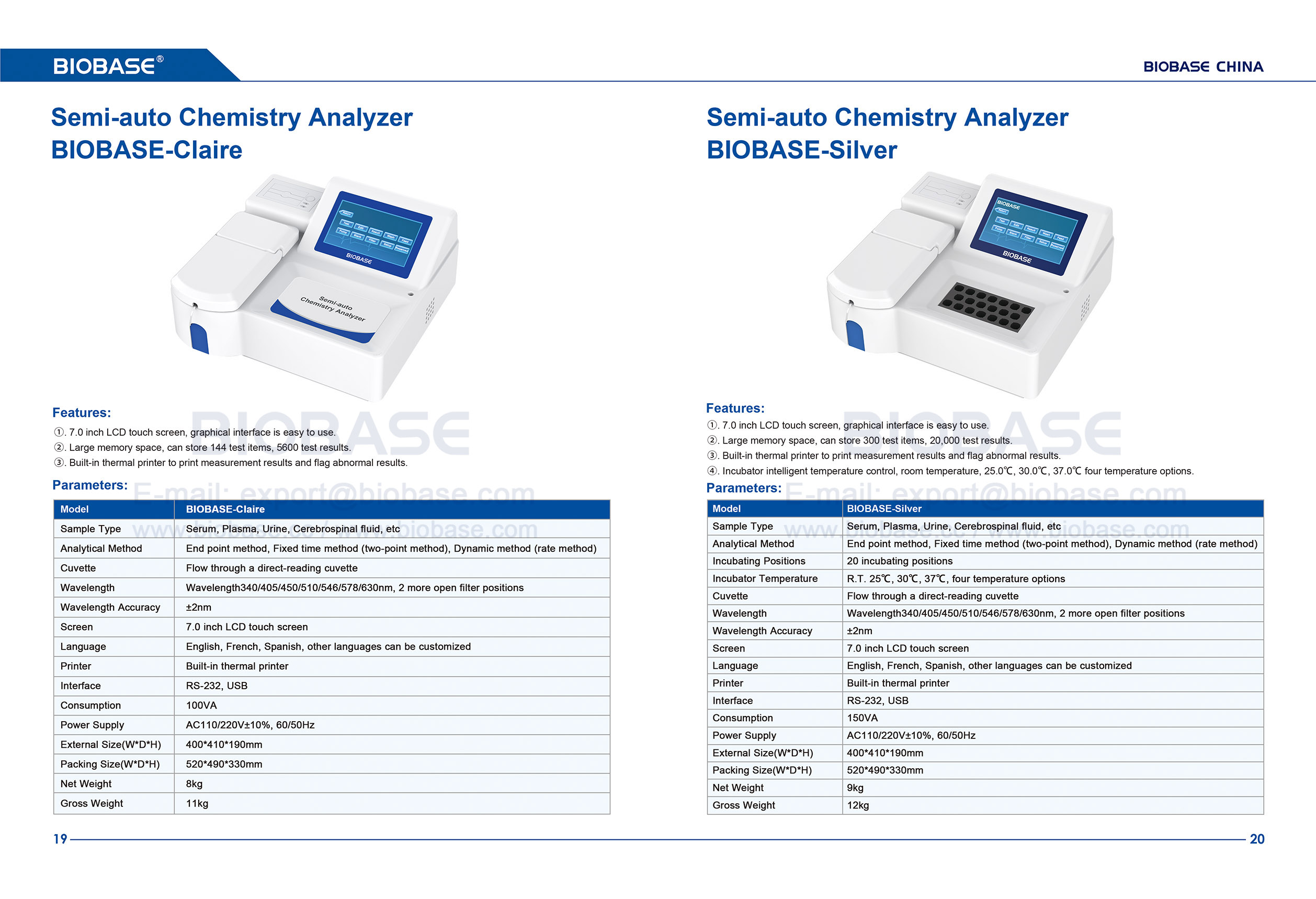 19-20 Analyseur de chimie semi-automatique BIOBASE-Claire&BIOBASE-Silver