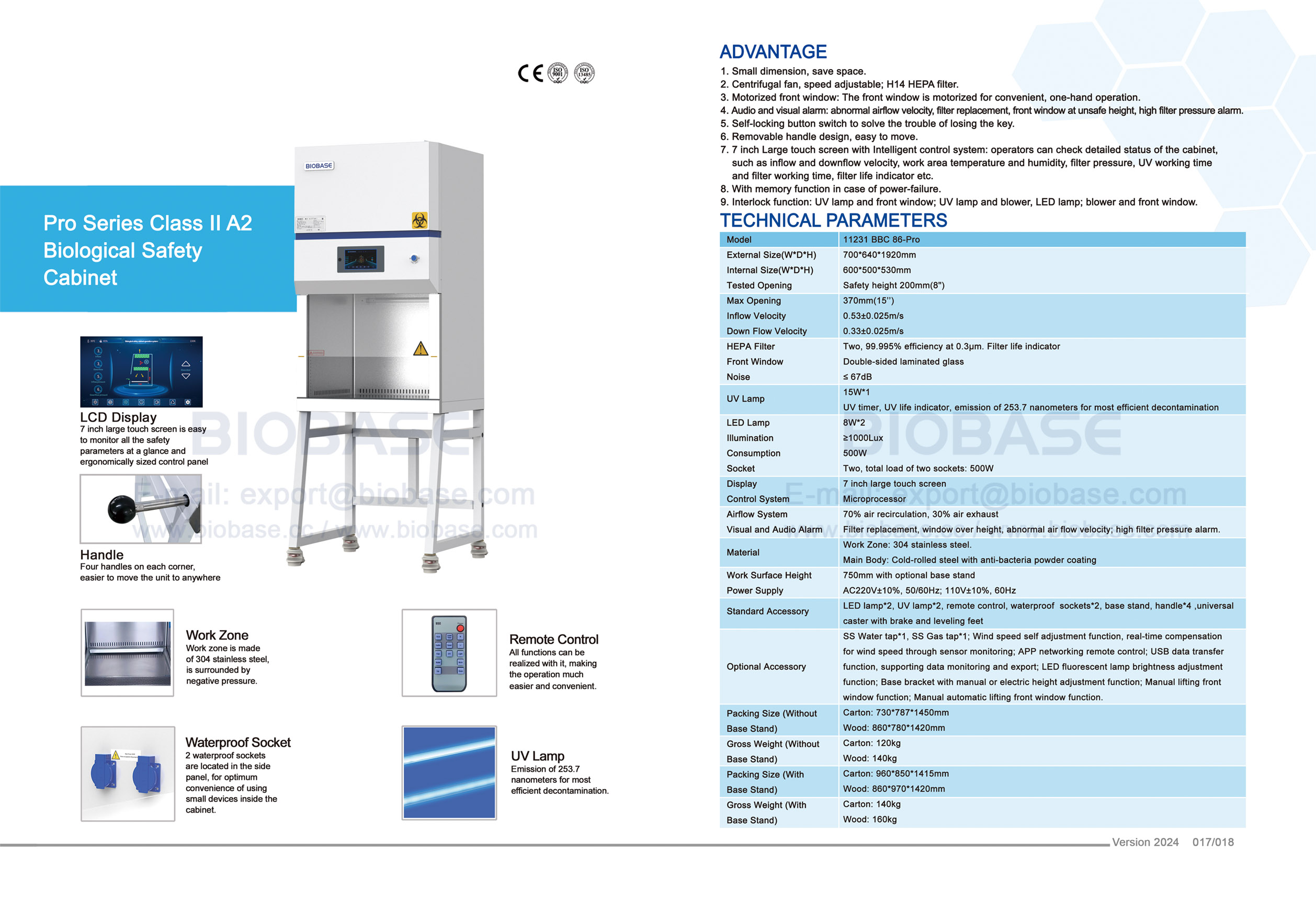 17-18 Pro Series Classe II A2 Cabinet de sécurité biologique 11231 BBC 86-Pro