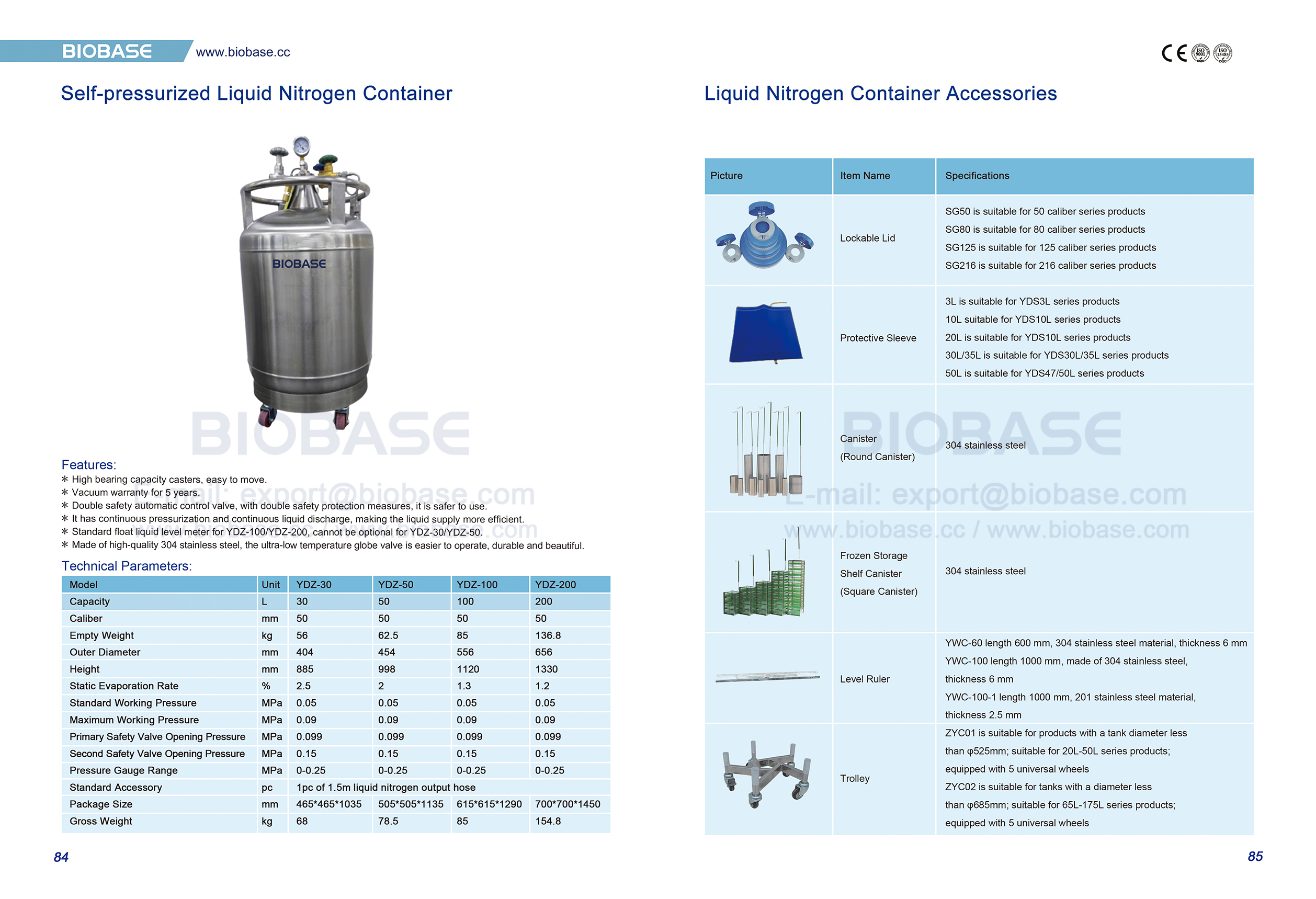 84-85 Conteneur d'azote liquide auto-pressurisé et accessoires de conteneurs d'azote liquide
