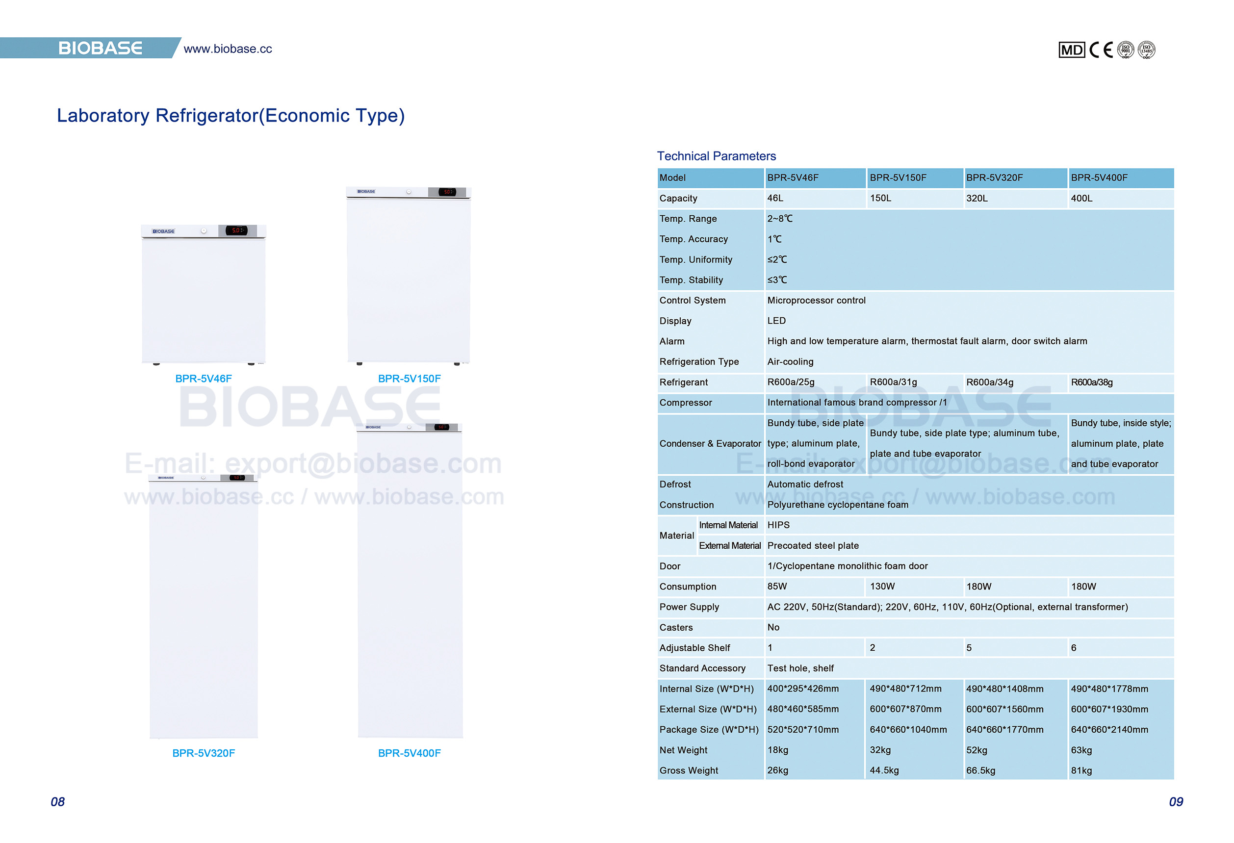 8-9 R&eacute;frig&eacute;rateur de laboratoire (type &eacute;conomique) BPR-5V46F BPR-5V150F BPR-5V320F BPR-5V400F