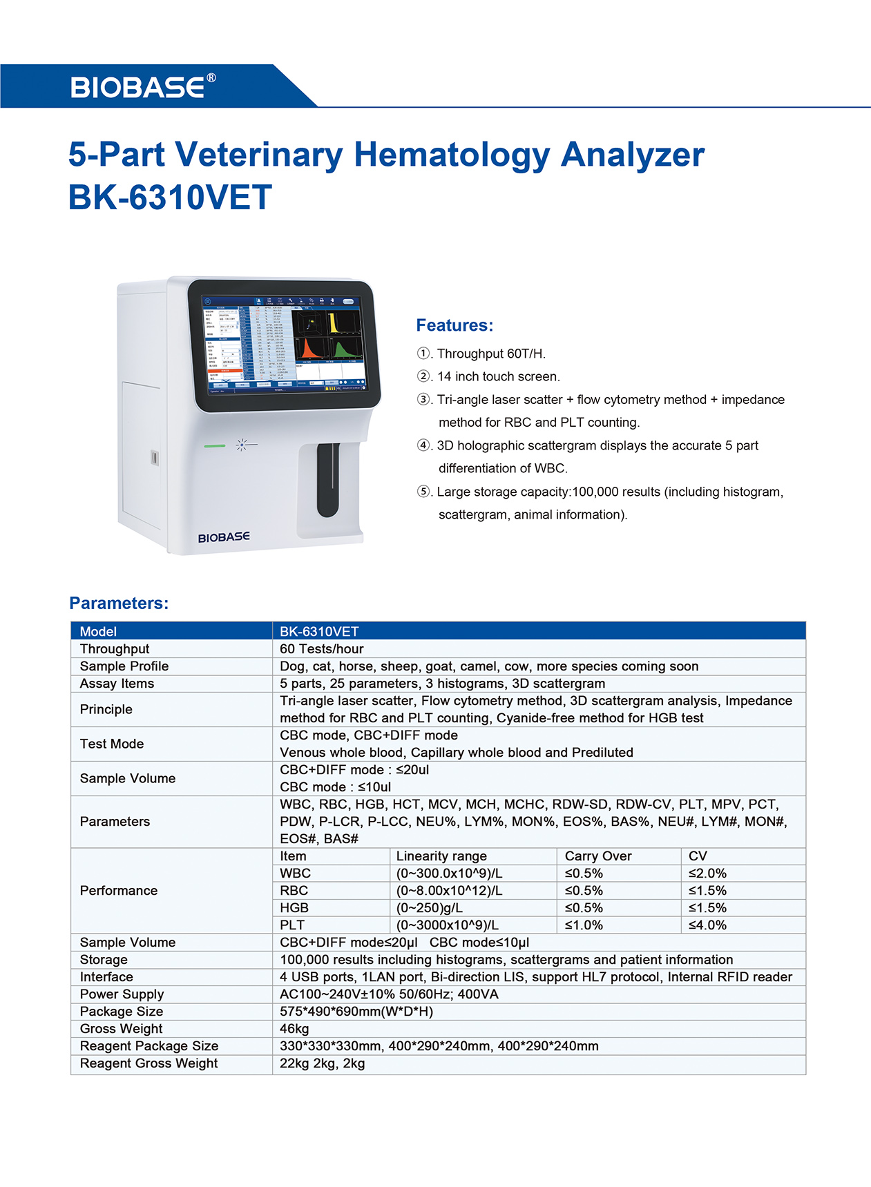 Analyseur d'hématologie vétérinaire en 5 parties BK-6310VET