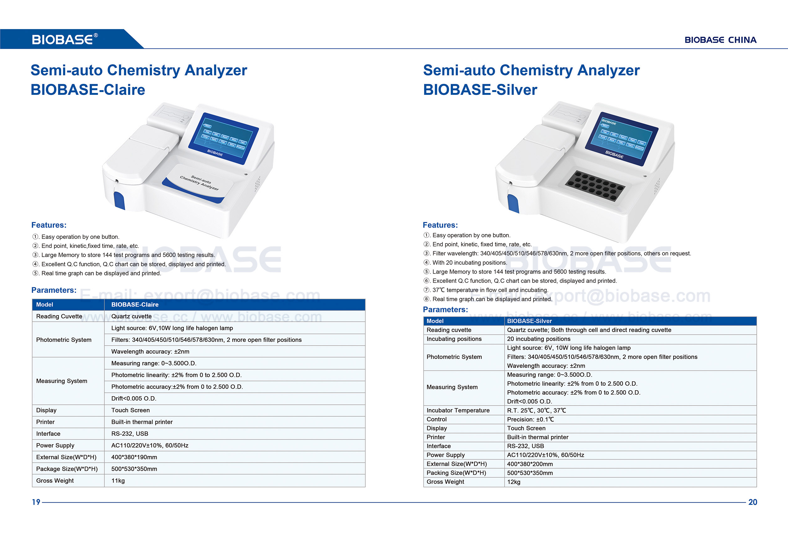 19-20 Analyseur de chimie semi-automatique BIOBASE-Claire&BIOBASE-Silver