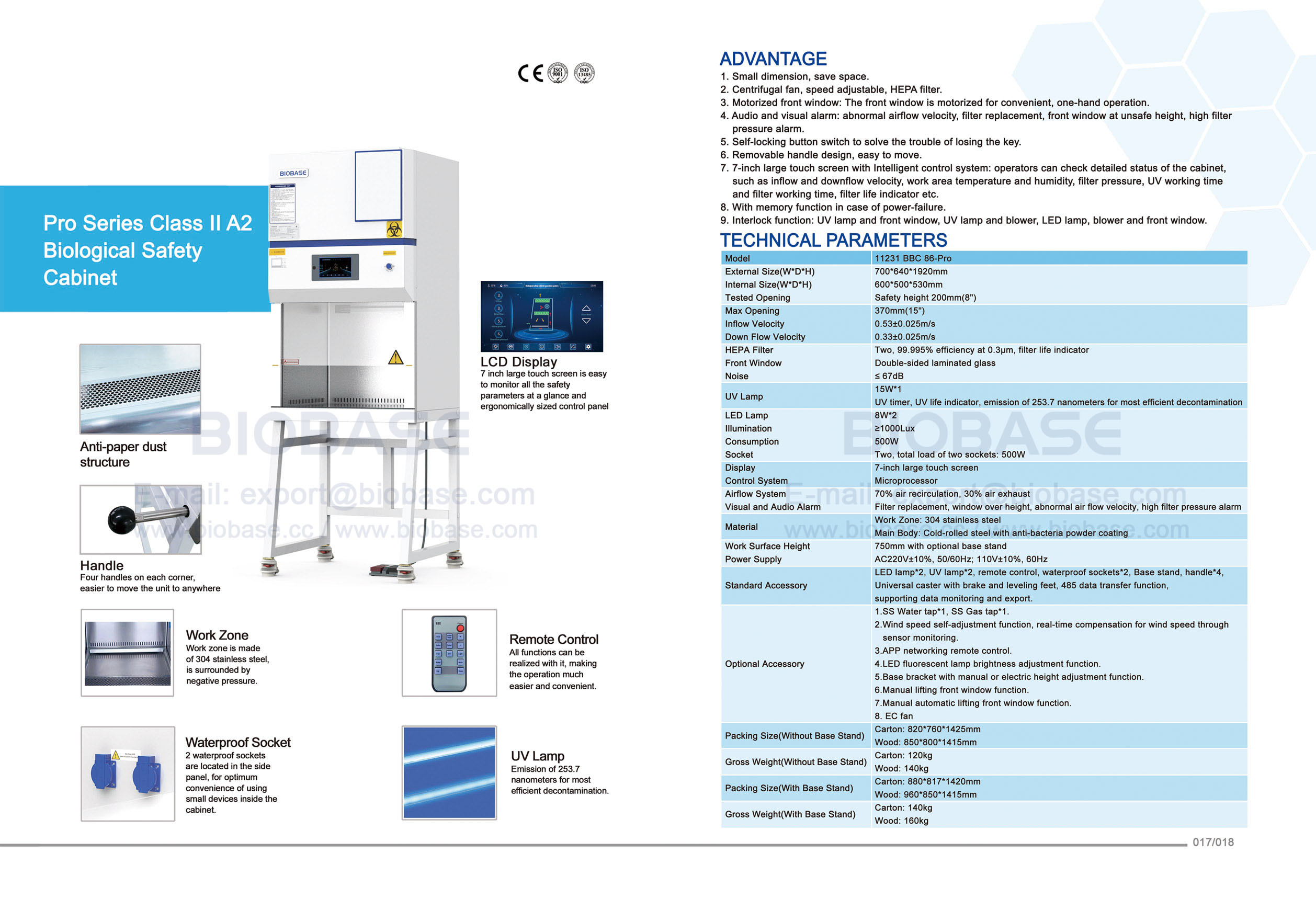 17-18 Pro Series Classe II A2 Cabinet de s&eacute;curit&eacute; biologique 11231 BBC 86-Pro
