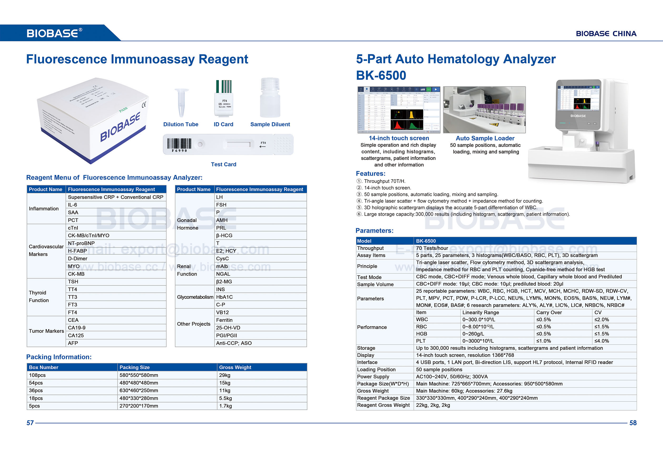R&eacute;actif pour dosage immunologique par fluorescence 57-58 et analyseur d'h&eacute;matologie automatique en 5 parties BK-6500