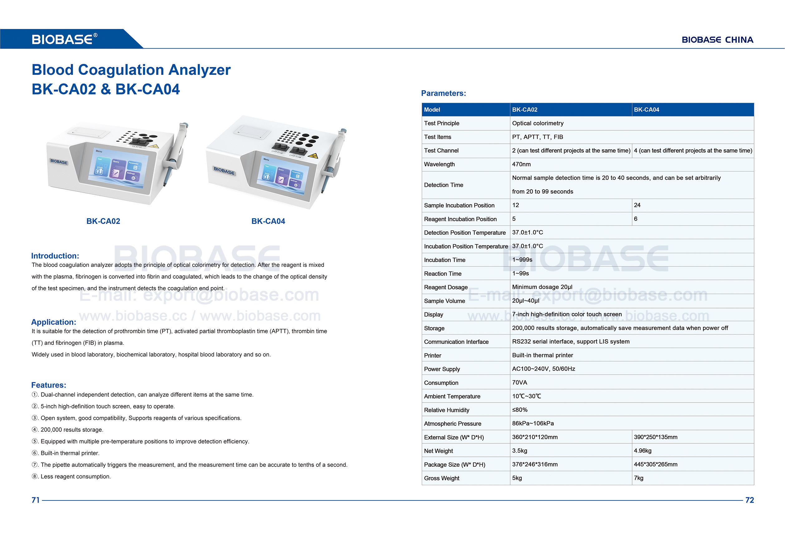 71-72 Analyseur de coagulation sanguine BK-CA02&CA04
