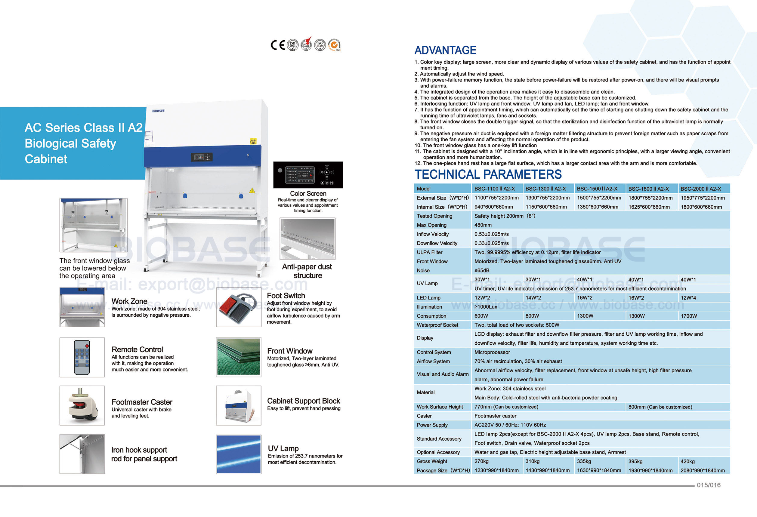 15-16 AC S&eacute;rie Classe II A2 Cabinet de s&eacute;curit&eacute; biologique BSC-1100 II A2-X & BSC-1300 II A2-X & BSC-1300 II A2-X & BSC-1800 II A2-X & BSC-2000 II A2-X