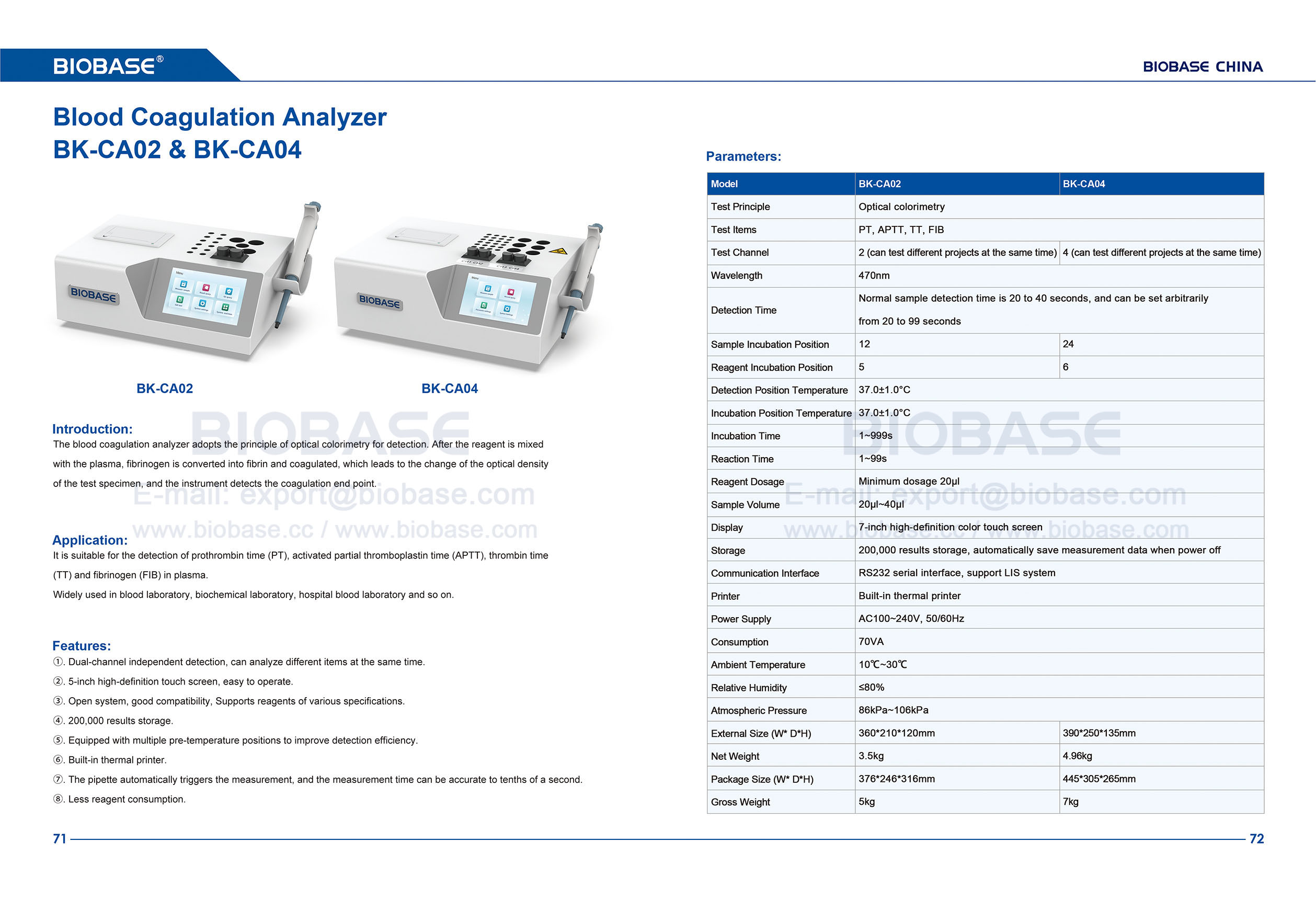 71-72 Analyseur de coagulation sanguine BK-CA02&CA04
