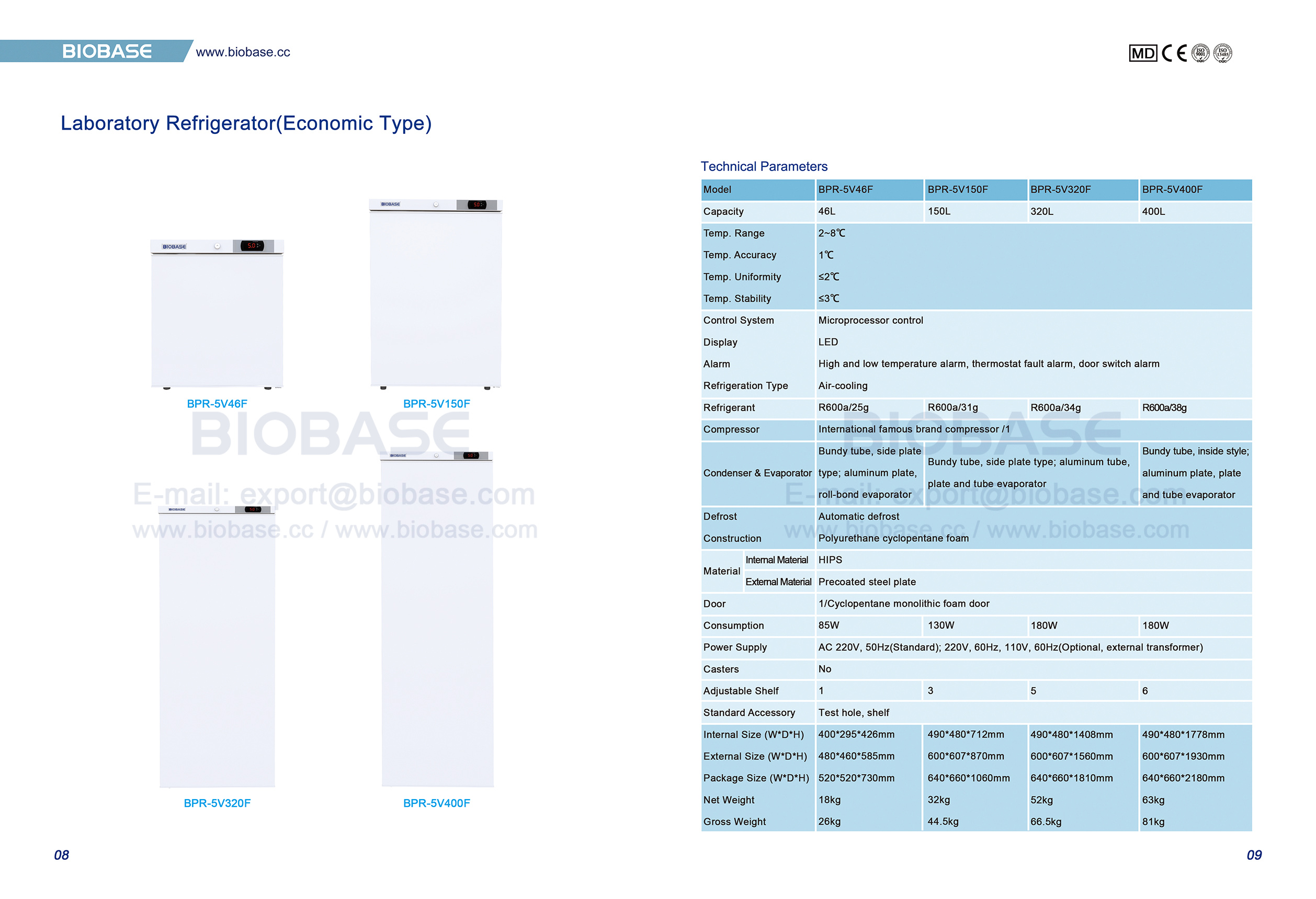 8-9 R&eacute;frig&eacute;rateur de laboratoire (type &eacute;conomique) BPR-5V46F BPR-5V150F BPR-5V320F BPR-5V400F